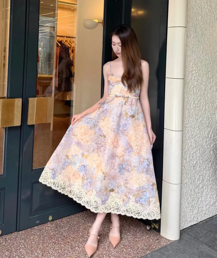 Strapless Dress with Strapless Bodice, Lace Paneling, and Cinched Waist in Multicolor, product view 23