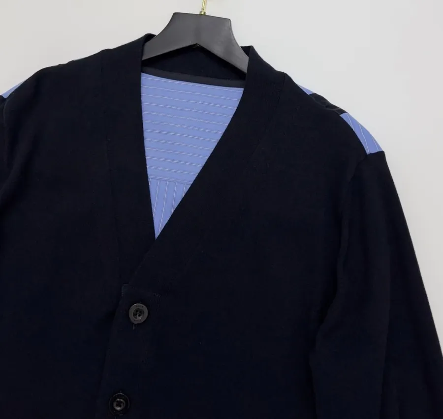 Back-Pressed Pleated Striped Shirt Knitted Cardigan in Navy, product view 02