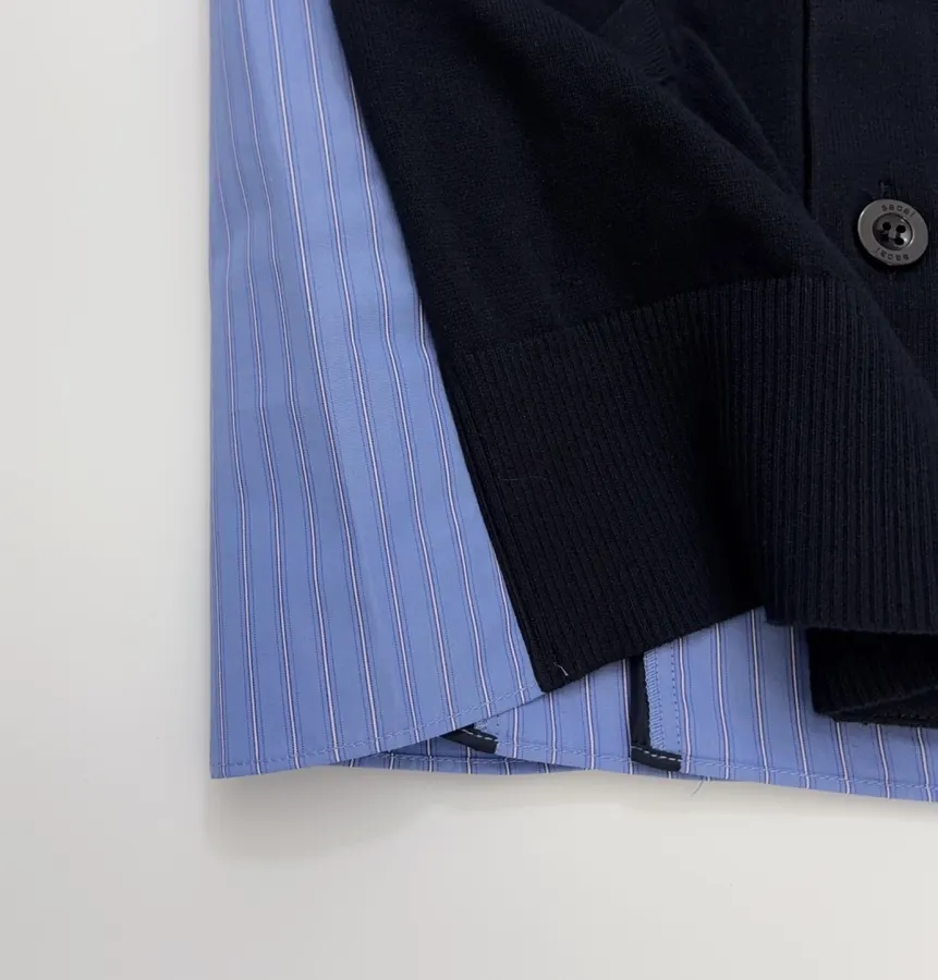 Back-Pressed Pleated Striped Shirt Knitted Cardigan in Navy, product view 09