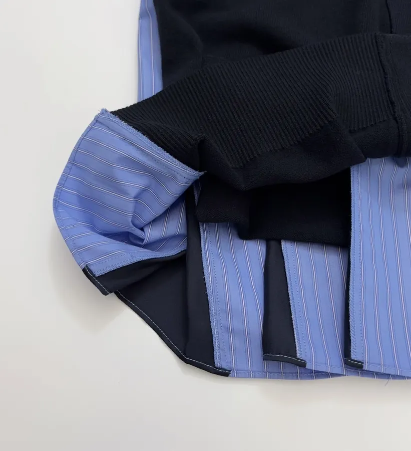 Back-Pressed Pleated Striped Shirt Knitted Cardigan in Navy, product view 10