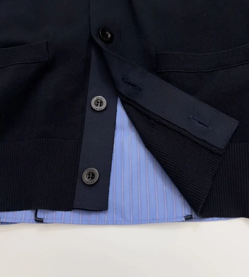Back-Pressed Pleated Striped Shirt Knitted Cardigan in Navy, product view 11