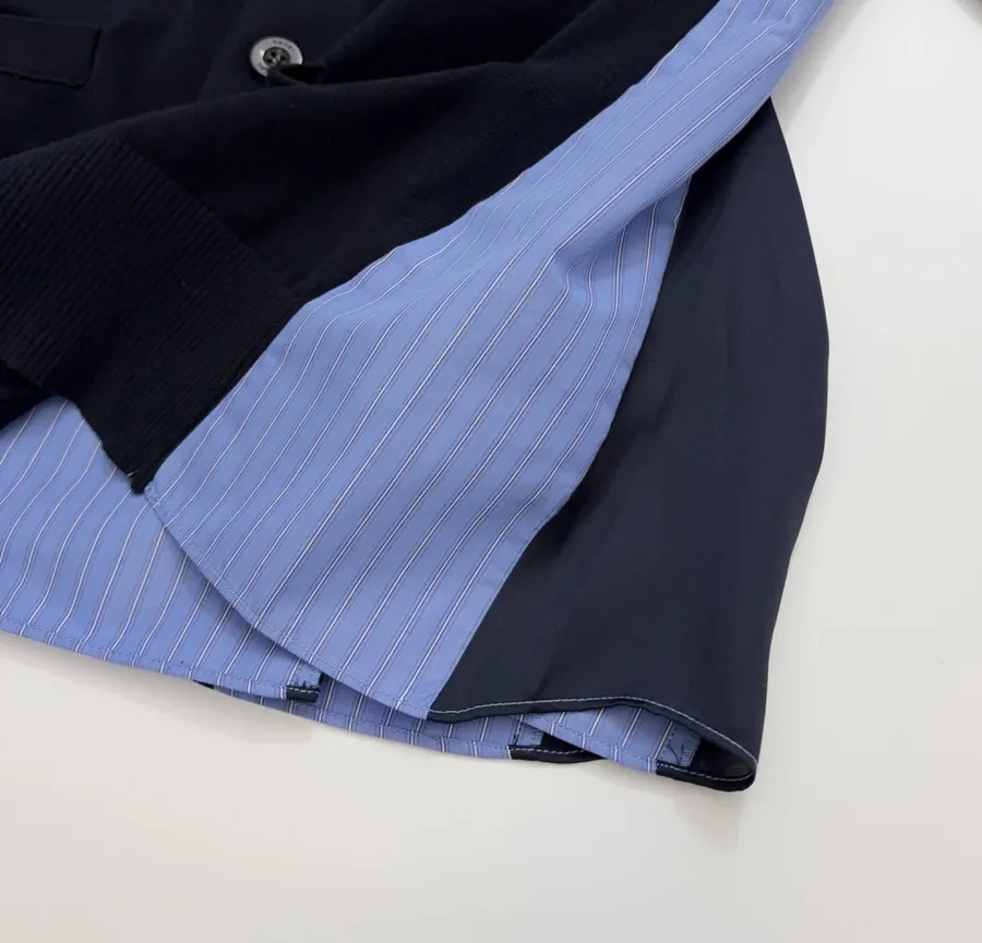 Back-Pressed Pleated Striped Shirt Knitted Cardigan in Navy, product view 12