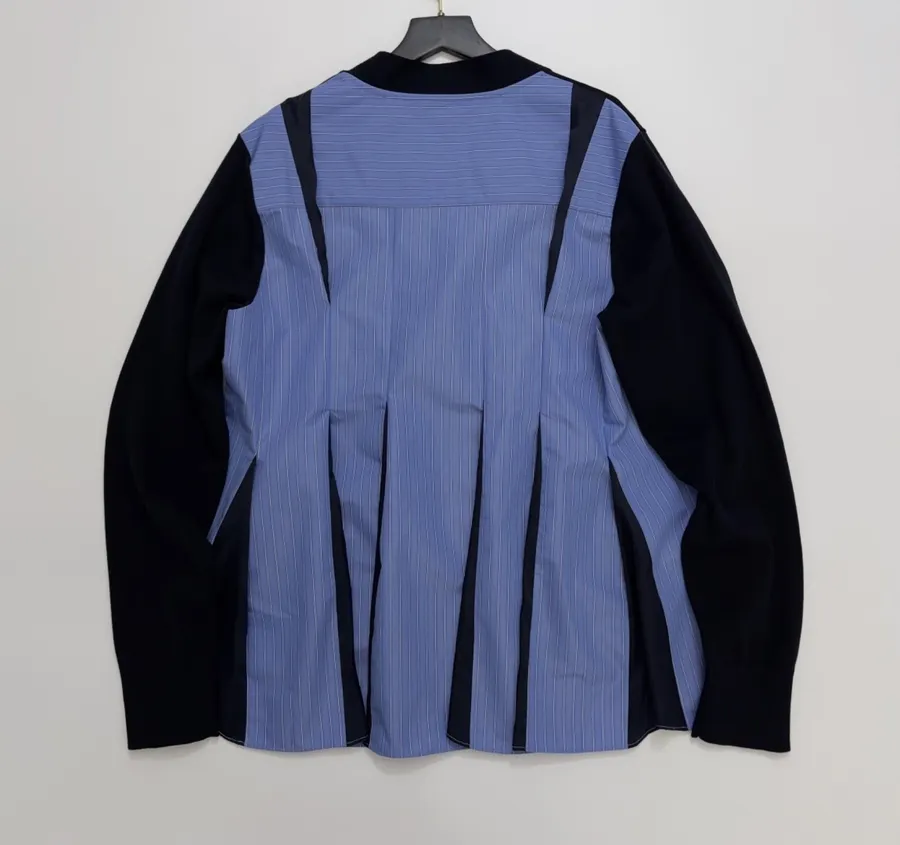 Back-Pressed Pleated Striped Shirt Knitted Cardigan in Navy, product view 13