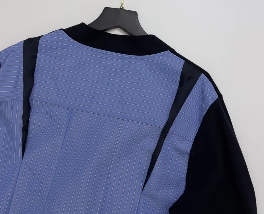 Back-Pressed Pleated Striped Shirt Knitted Cardigan in Navy, product view 14