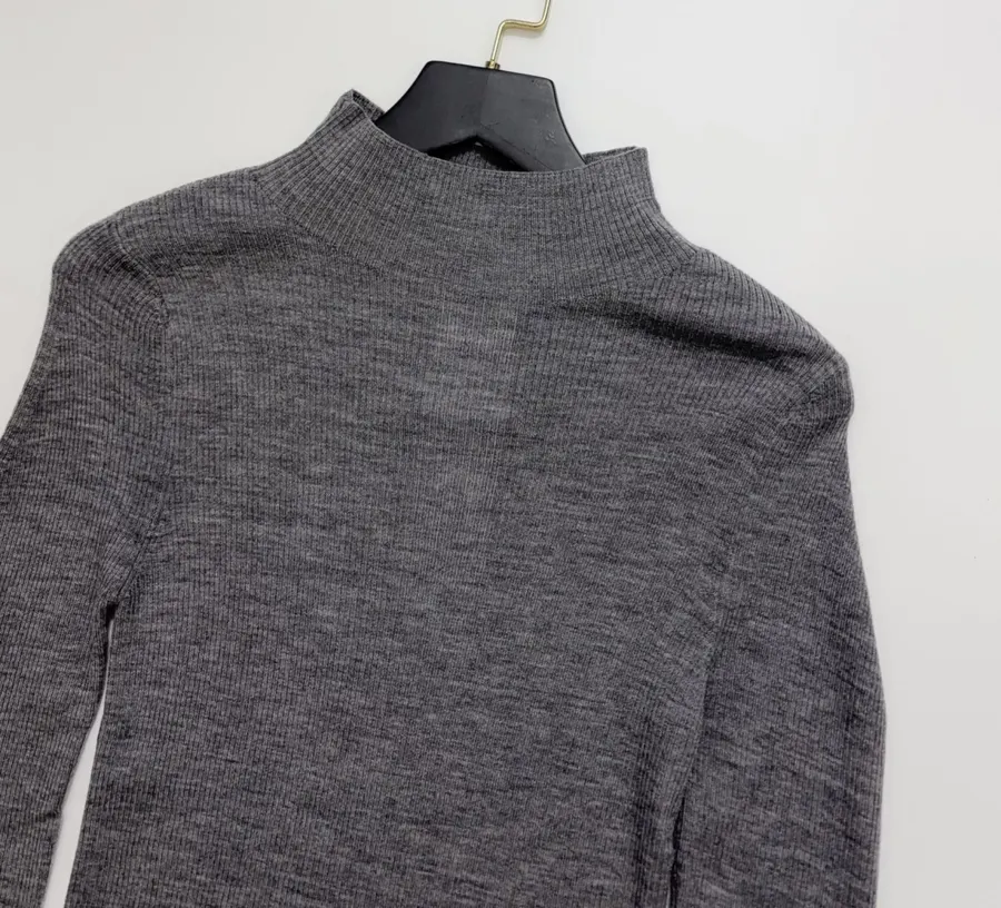Grey Mock-Neck Slim-Fit Long-Sleeve Knit Top in Gray, product view 02
