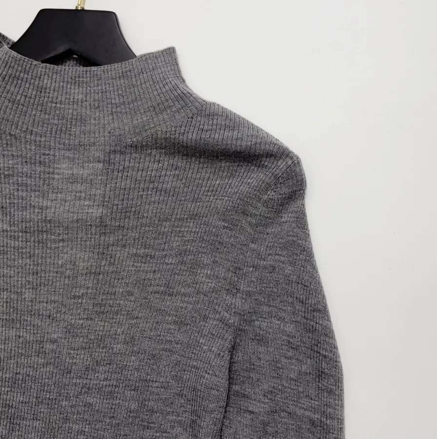 Grey Mock-Neck Slim-Fit Long-Sleeve Knit Top in Gray, product view 03