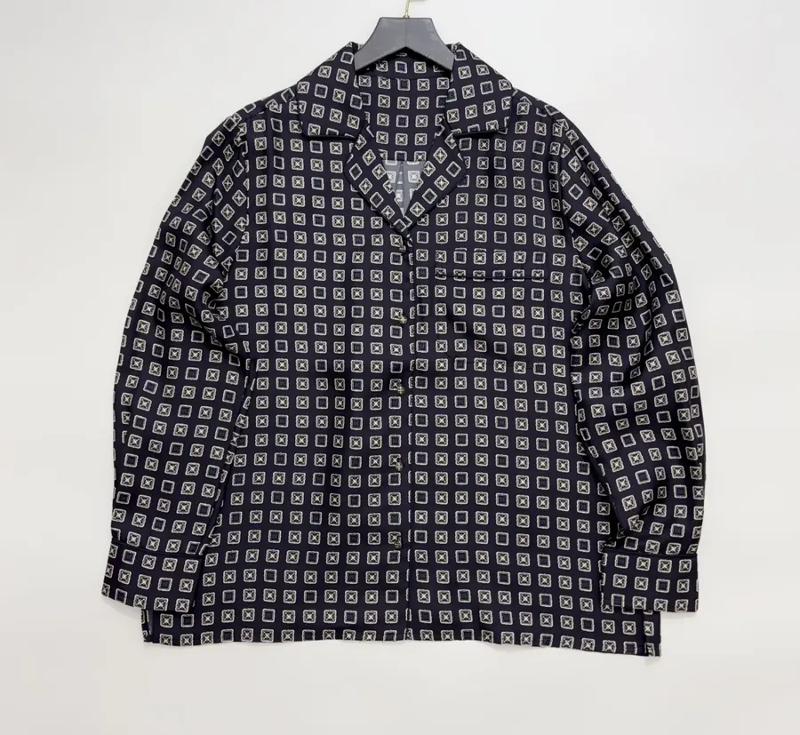 Dark Blue Retro Heavy-duty Positioning Checkered Twill Silk Shirt Top in Navy, product view 01
