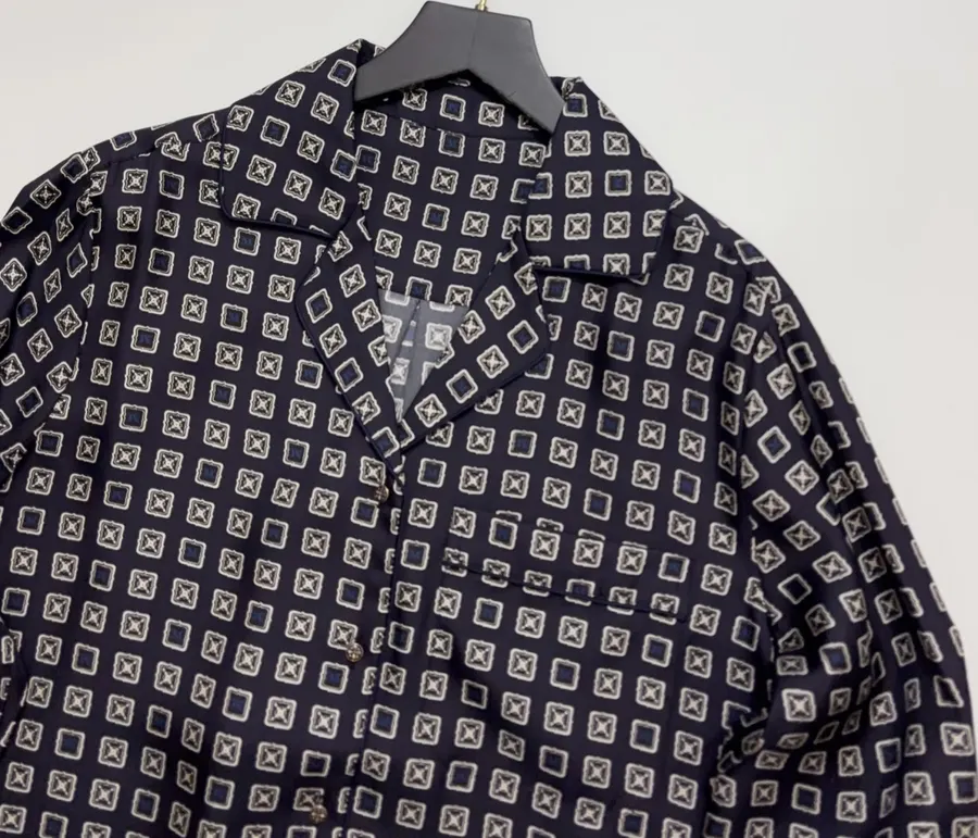 Dark Blue Retro Heavy-duty Positioning Checkered Twill Silk Shirt Top in Navy, product view 02