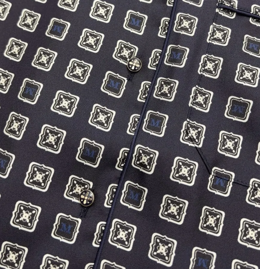 Dark Blue Retro Heavy-duty Positioning Checkered Twill Silk Shirt Top in Navy, product view 04