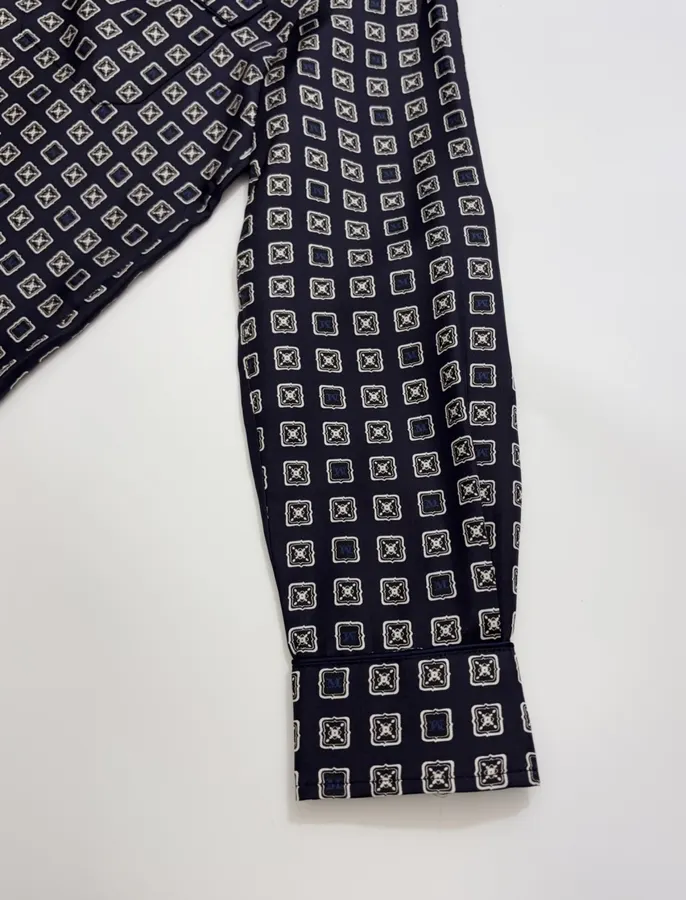 Dark Blue Retro Heavy-duty Positioning Checkered Twill Silk Shirt Top in Navy, product view 05