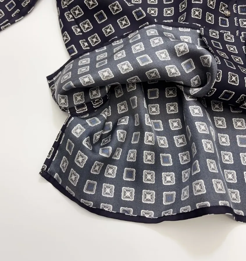 Dark Blue Retro Heavy-duty Positioning Checkered Twill Silk Shirt Top in Navy, product view 08