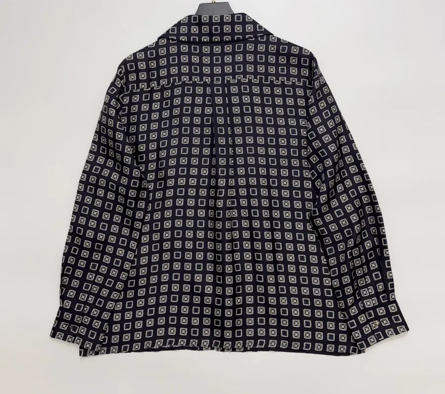 Dark Blue Retro Heavy-duty Positioning Checkered Twill Silk Shirt Top in Navy, product view 11