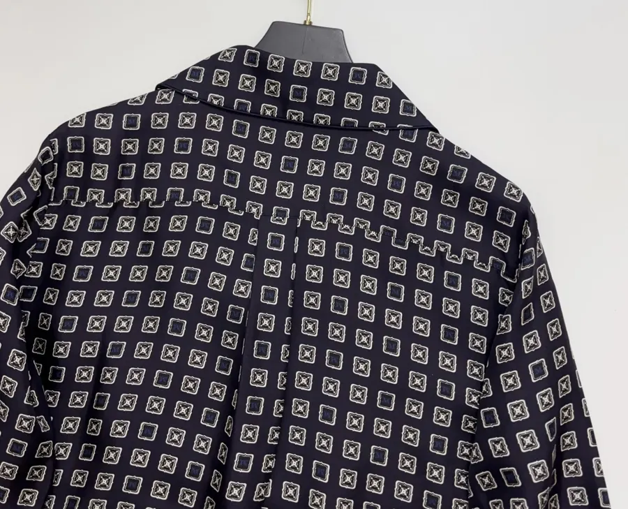 Dark Blue Retro Heavy-duty Positioning Checkered Twill Silk Shirt Top in Navy, product view 12