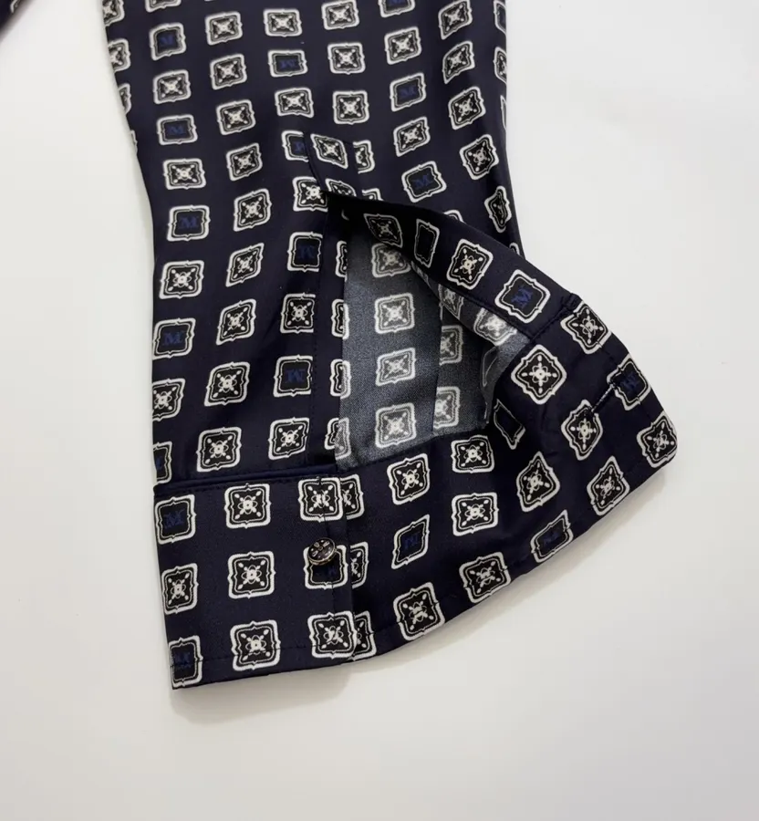 Dark Blue Retro Heavy-duty Positioning Checkered Twill Silk Shirt Top in Navy, product view 14