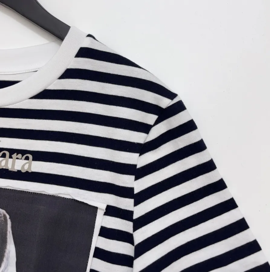 Classic Weimar Houndstooth Cotton Striped T-Shirt Top in Black and White, product view 03