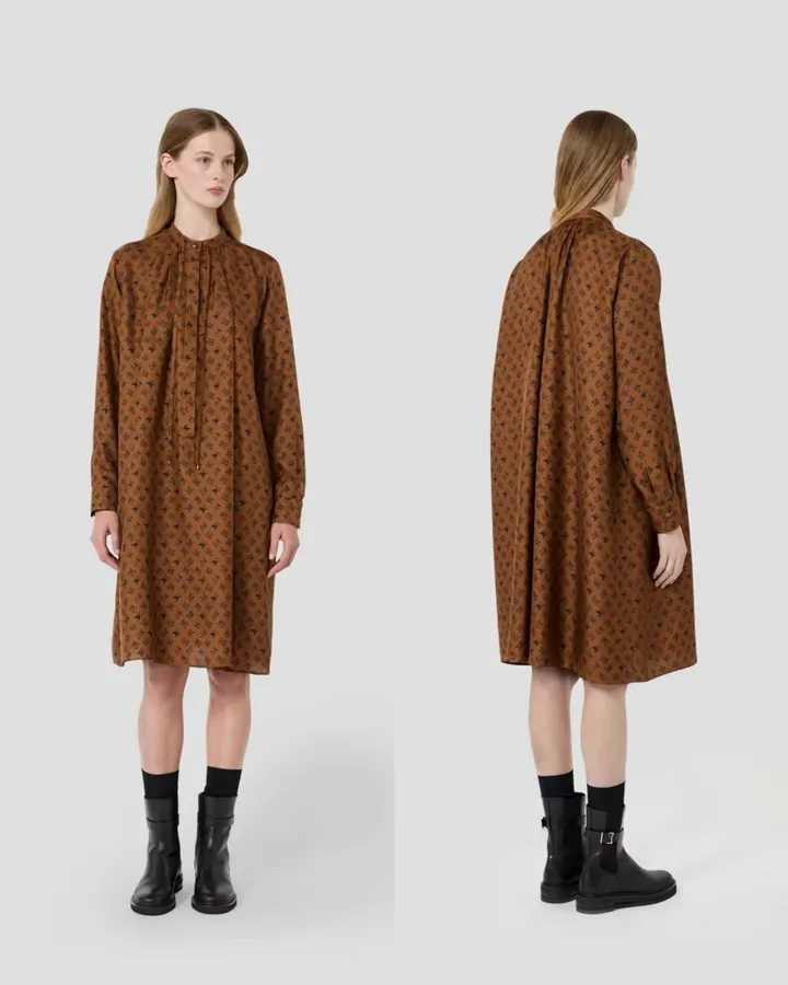 Silk Printed Mini Dress in Brown and Black, product view 02