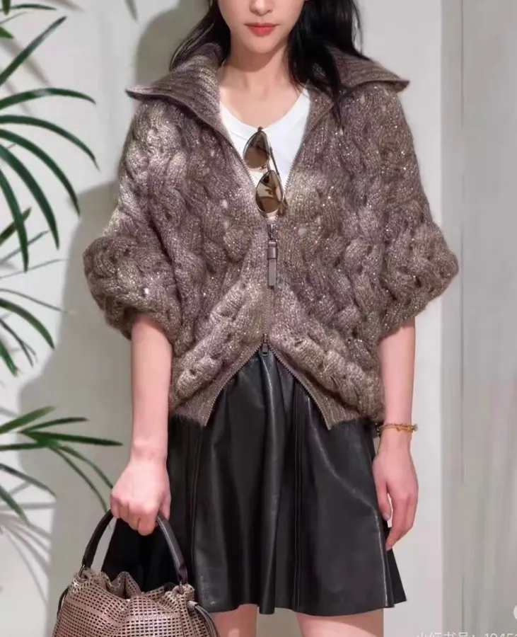 Sequined Knitted Cardigan in Taupe, product view 01