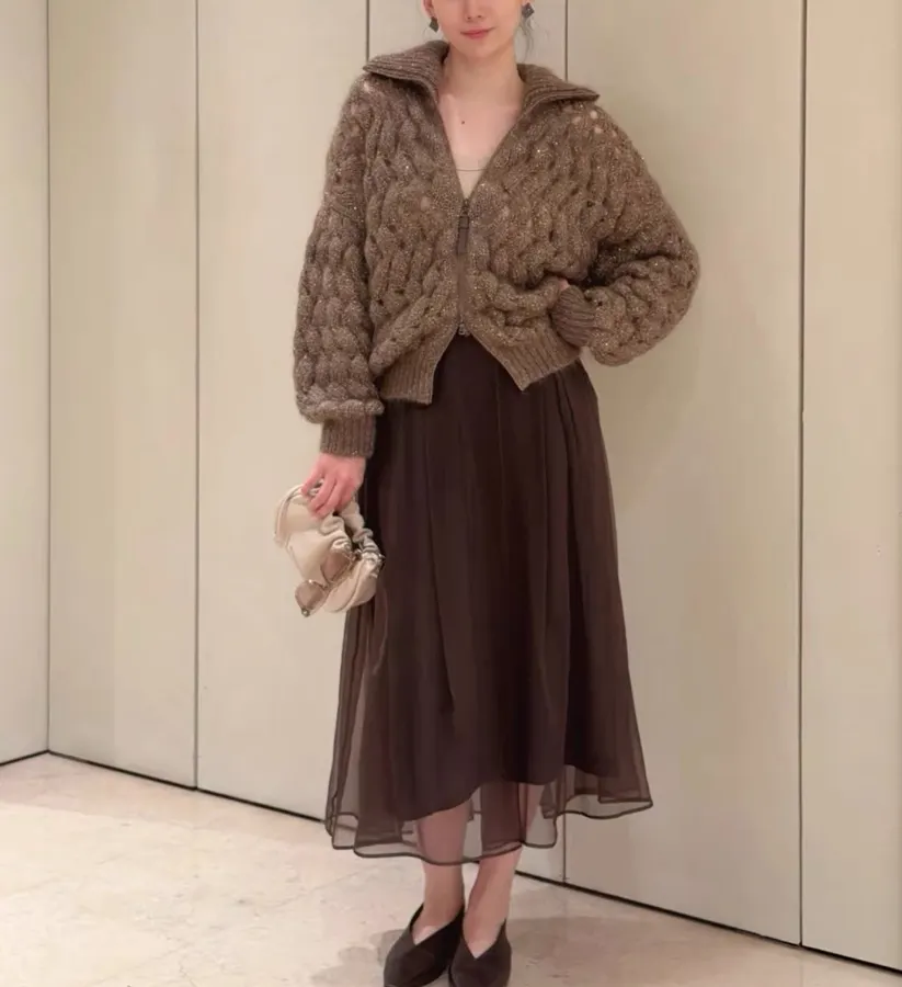 Sequined Knitted Cardigan in Taupe, product view 03