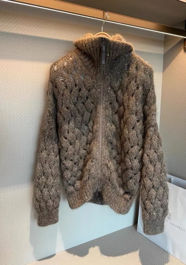 Sequined Knitted Cardigan in Taupe, product view 04