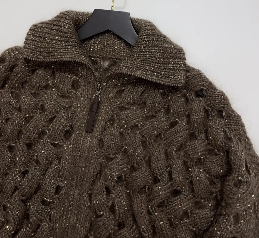 Sequined Knitted Cardigan in Taupe, product view 06