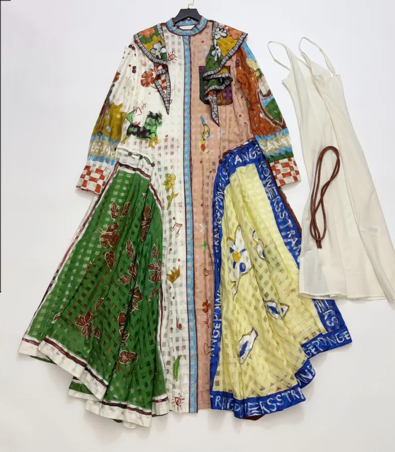 Graffiti Print Lace-Up Cinched Long-Sleeve Dress, Resort-Style Long Skirt in Multicolor, product view 01