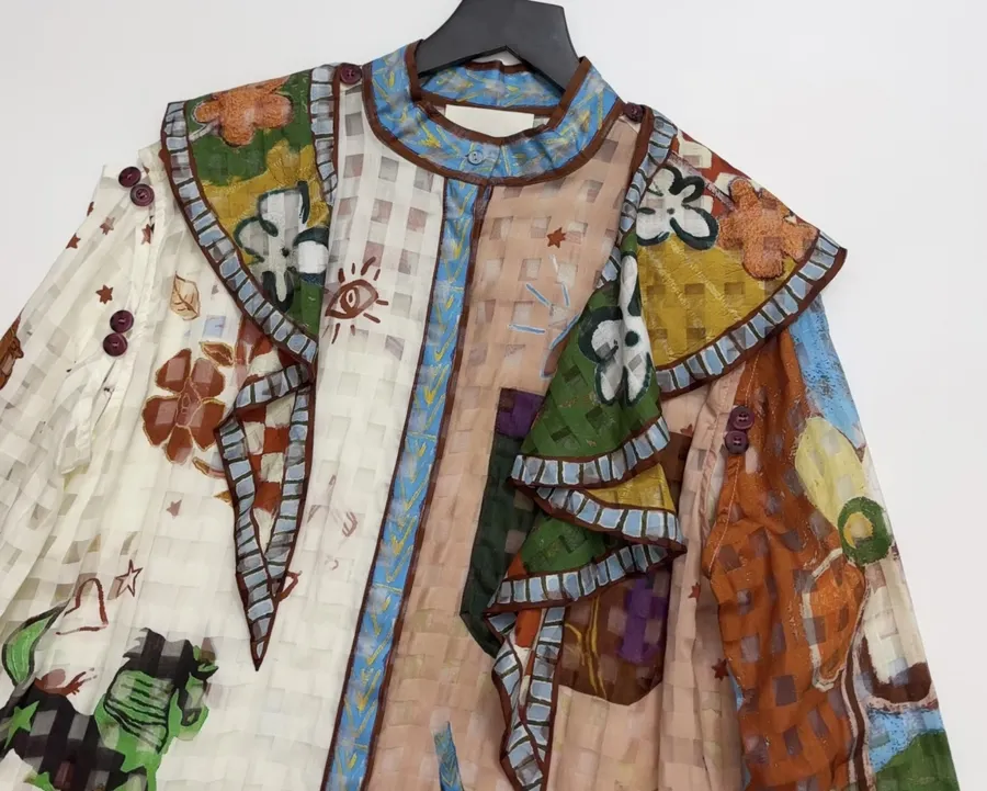 Graffiti Print Lace-Up Cinched Long-Sleeve Dress, Resort-Style Long Skirt in Multicolor, product view 03