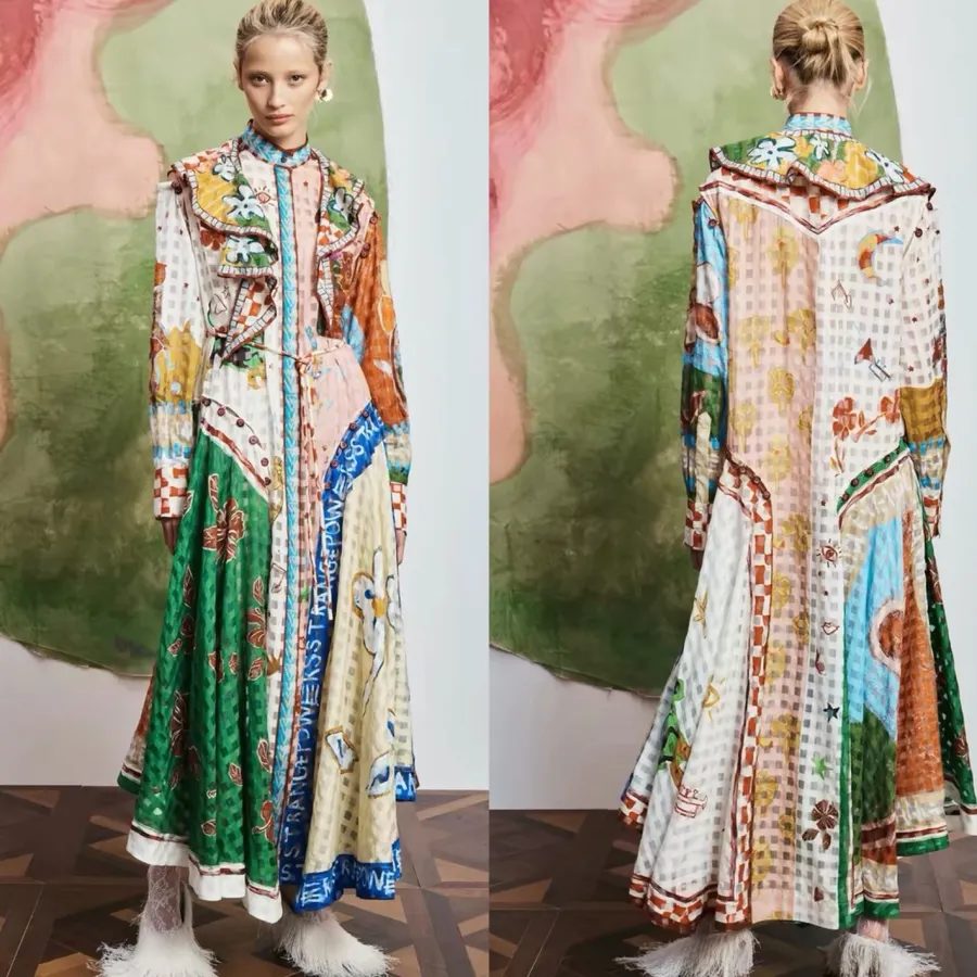 Graffiti Print Lace-Up Cinched Long-Sleeve Dress, Resort-Style Long Skirt in Multicolor, product view 32