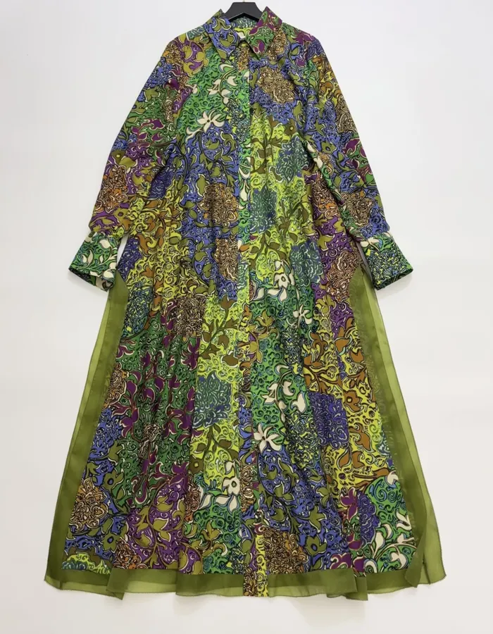 Silk Contrast-Panel Shirt Dress in Green Multicolor, product view 01