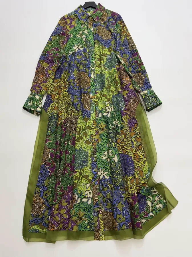 Silk Contrast-Panel Shirt Dress in Green Multicolor, product view 02