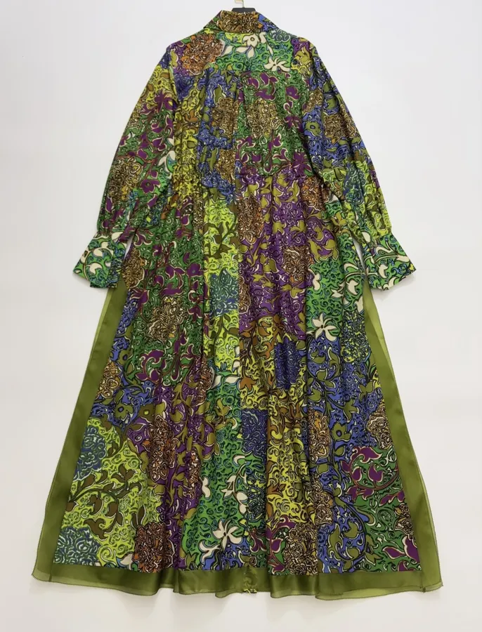 Silk Contrast-Panel Shirt Dress in Green Multicolor, product view 18