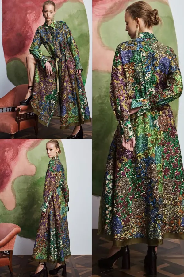 Silk Contrast-Panel Shirt Dress in Green Multicolor, product view 23