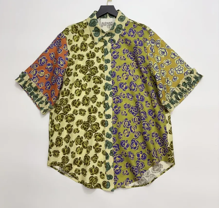 Retro Print Linen Loose Casual Short-Sleeve Shirt in Multicolor, product view 01