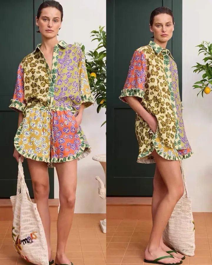 Retro Print Linen Loose Casual Short-Sleeve Shirt in Multicolor, product view 18