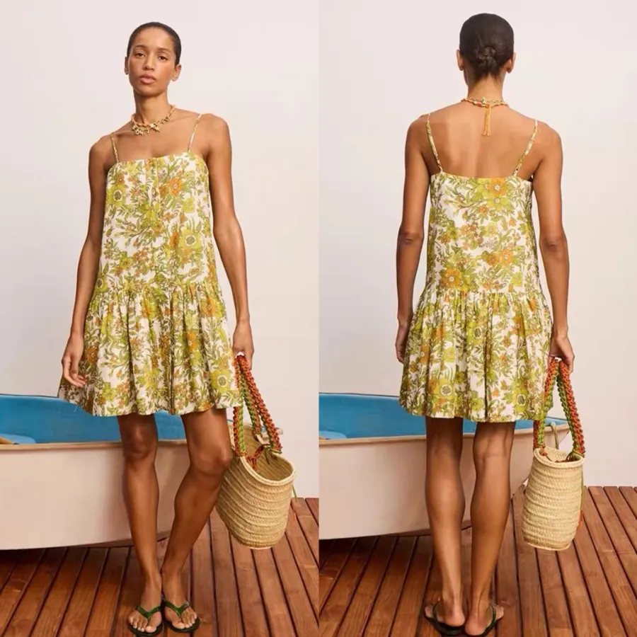 Yellow Fresh and Sweet Small Floral Print Silk Cotton Slip Dress, Mini Skirt in Yellow, product view 01