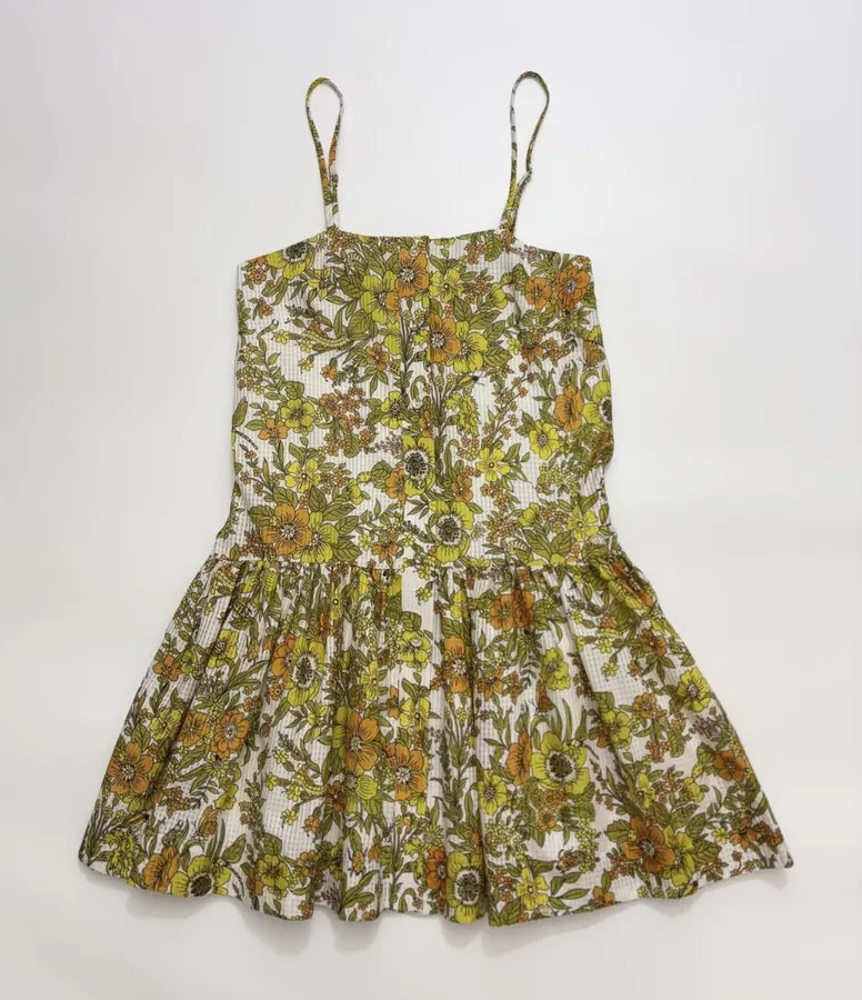Yellow Fresh and Sweet Small Floral Print Silk Cotton Slip Dress, Mini Skirt in Yellow, product view 02