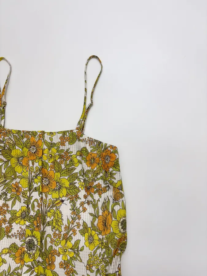 Yellow Fresh and Sweet Small Floral Print Silk Cotton Slip Dress, Mini Skirt in Yellow, product view 04