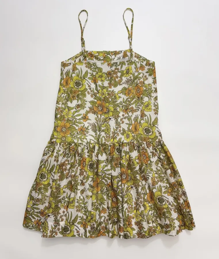 Yellow Fresh and Sweet Small Floral Print Silk Cotton Slip Dress, Mini Skirt in Yellow, product view 14