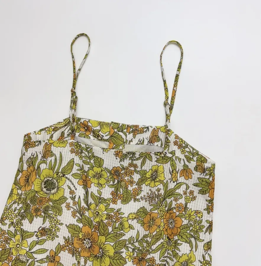 Yellow Fresh and Sweet Small Floral Print Silk Cotton Slip Dress, Mini Skirt in Yellow, product view 15