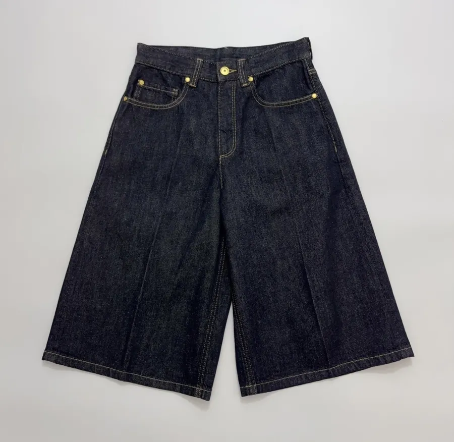 Dark Blue High-Waist Denim Bermuda Shorts in Denim Blue, product view