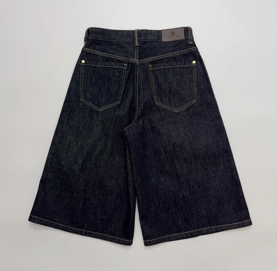 Dark Blue High-Waist Denim Bermuda Shorts in Denim Blue, product view 10