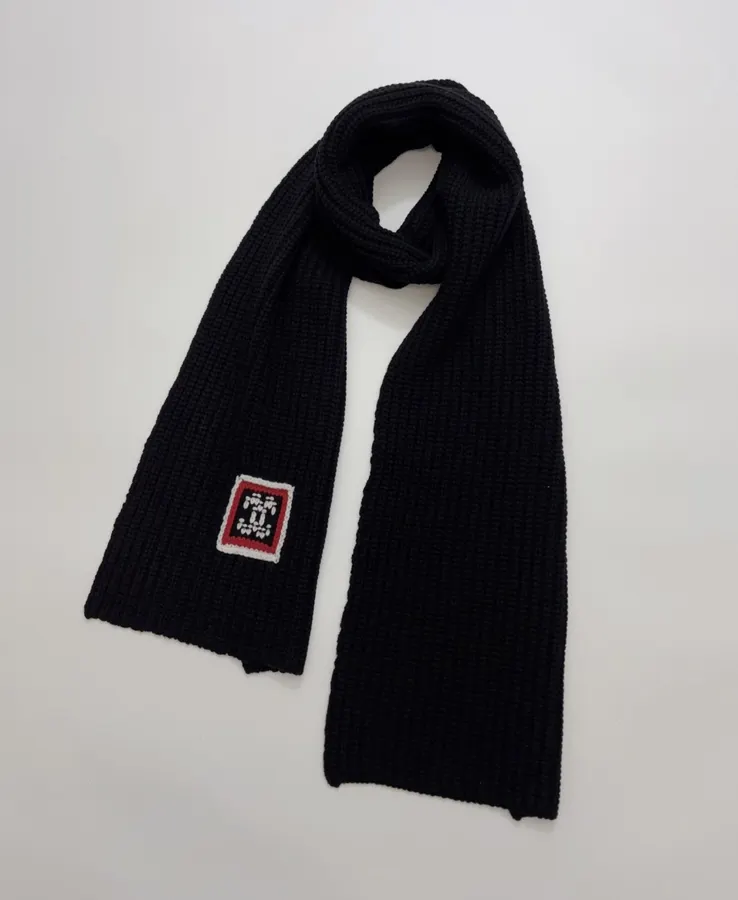 Black Patch Knit Scarf in Black, product view 01