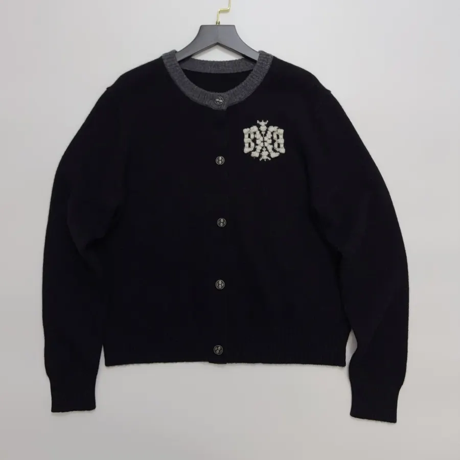 Contrast-Color Crewneck Knit Cardigan in Black, product view 01