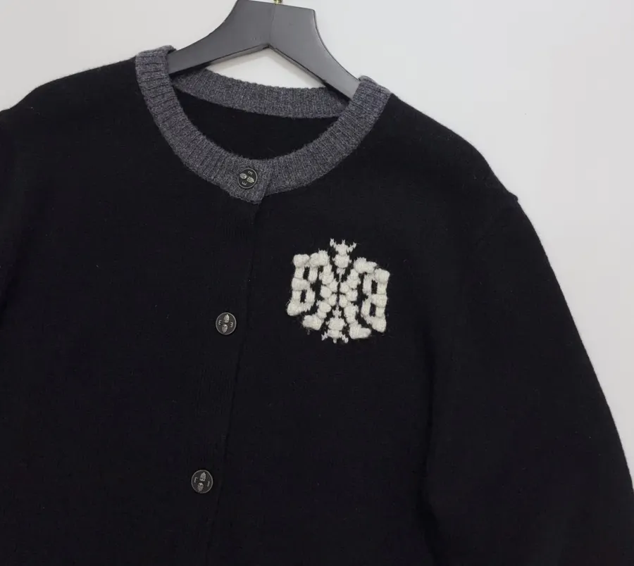 Contrast-Color Crewneck Knit Cardigan in Black, product view 02