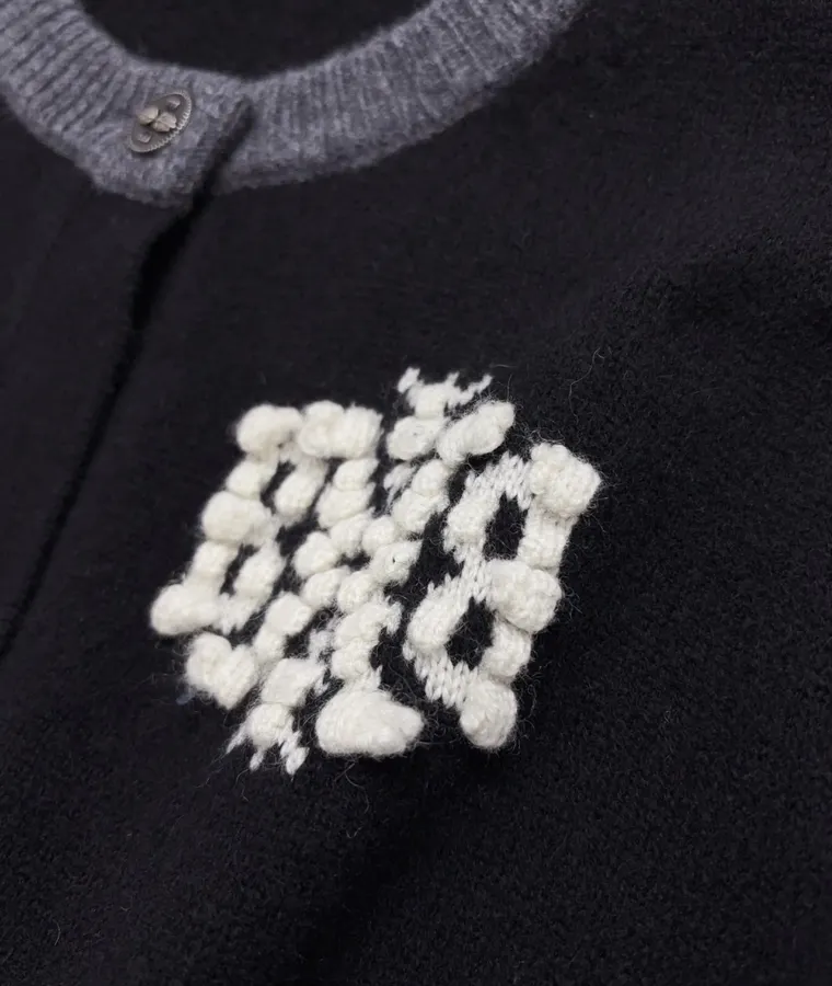 Contrast-Color Crewneck Knit Cardigan in Black, product view 04