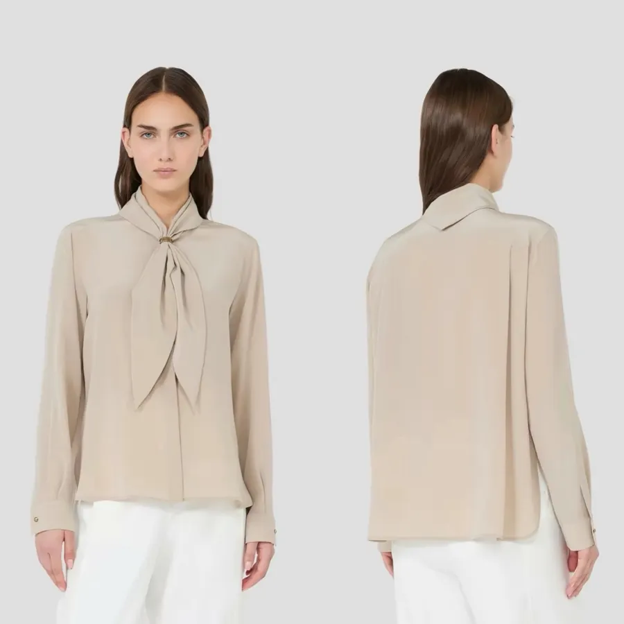 Silk Scarf Collar Double Crepe Real Silk Shirt Top in Beige, product view