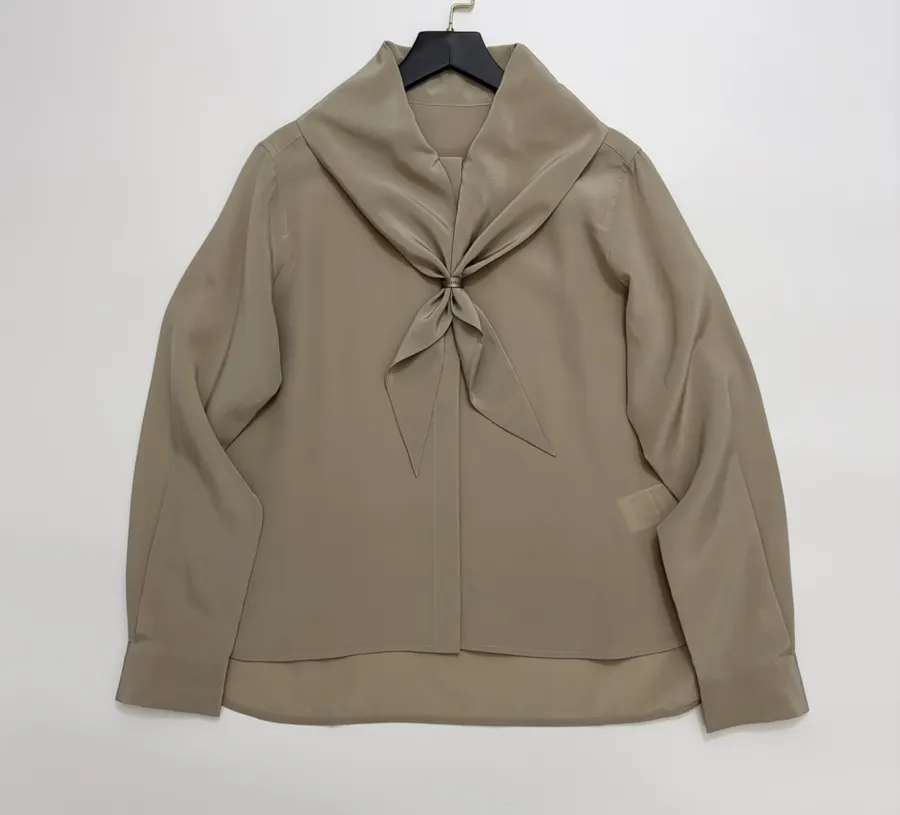 Silk Scarf Collar Double Crepe Real Silk Shirt Top in Beige, product view 02