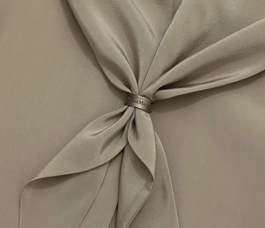 Silk Scarf Collar Double Crepe Real Silk Shirt Top in Beige, product view 06