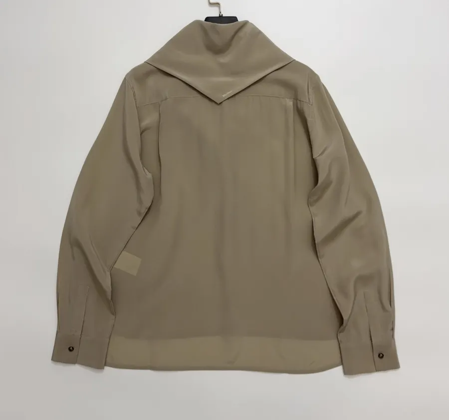Silk Scarf Collar Double Crepe Real Silk Shirt Top in Beige, product view 13