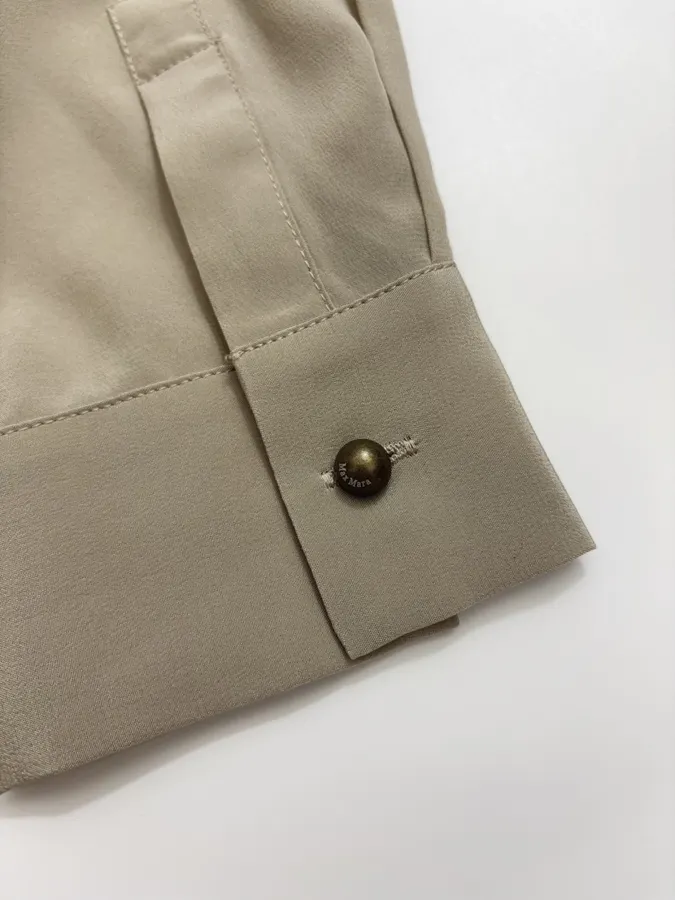 Silk Scarf Collar Double Crepe Real Silk Shirt Top in Beige, product view 17