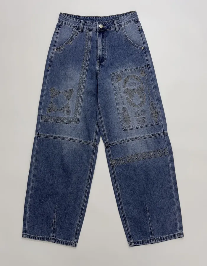 Blue Embroidered Cotton-Linen Washed Light Blue Cropped Jeans in Light Blue, product view
